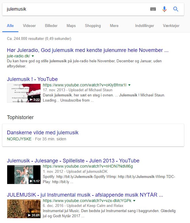 Eksempel på YouTube-videoer i Googles søgeresultater