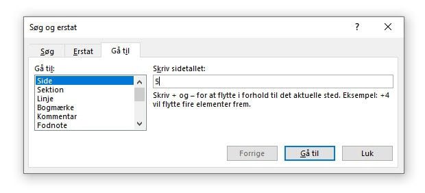 F5 - Gå til bestemt side i Word